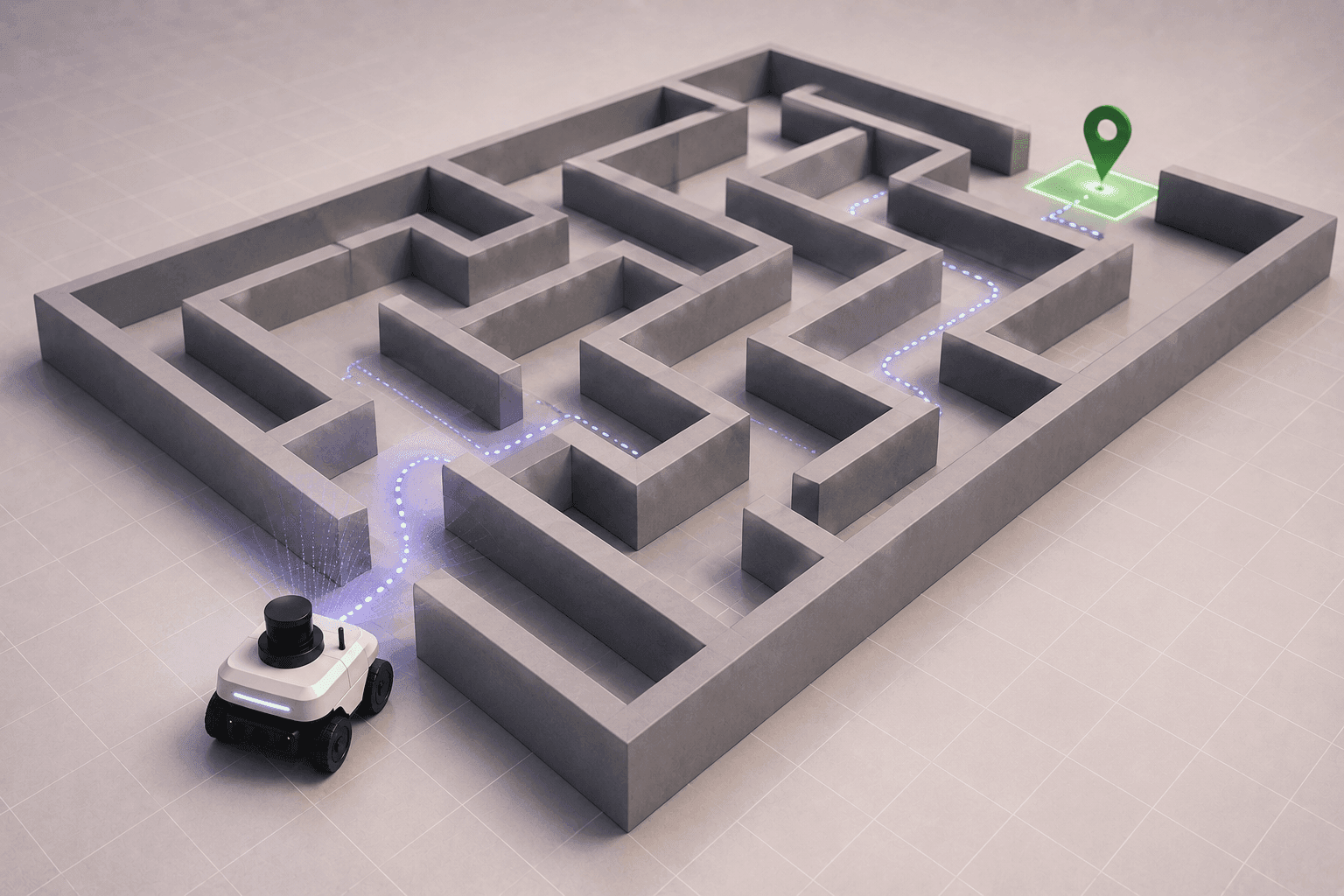 A mobile robot navigating a maze autonomously in a MuJoCo simulation