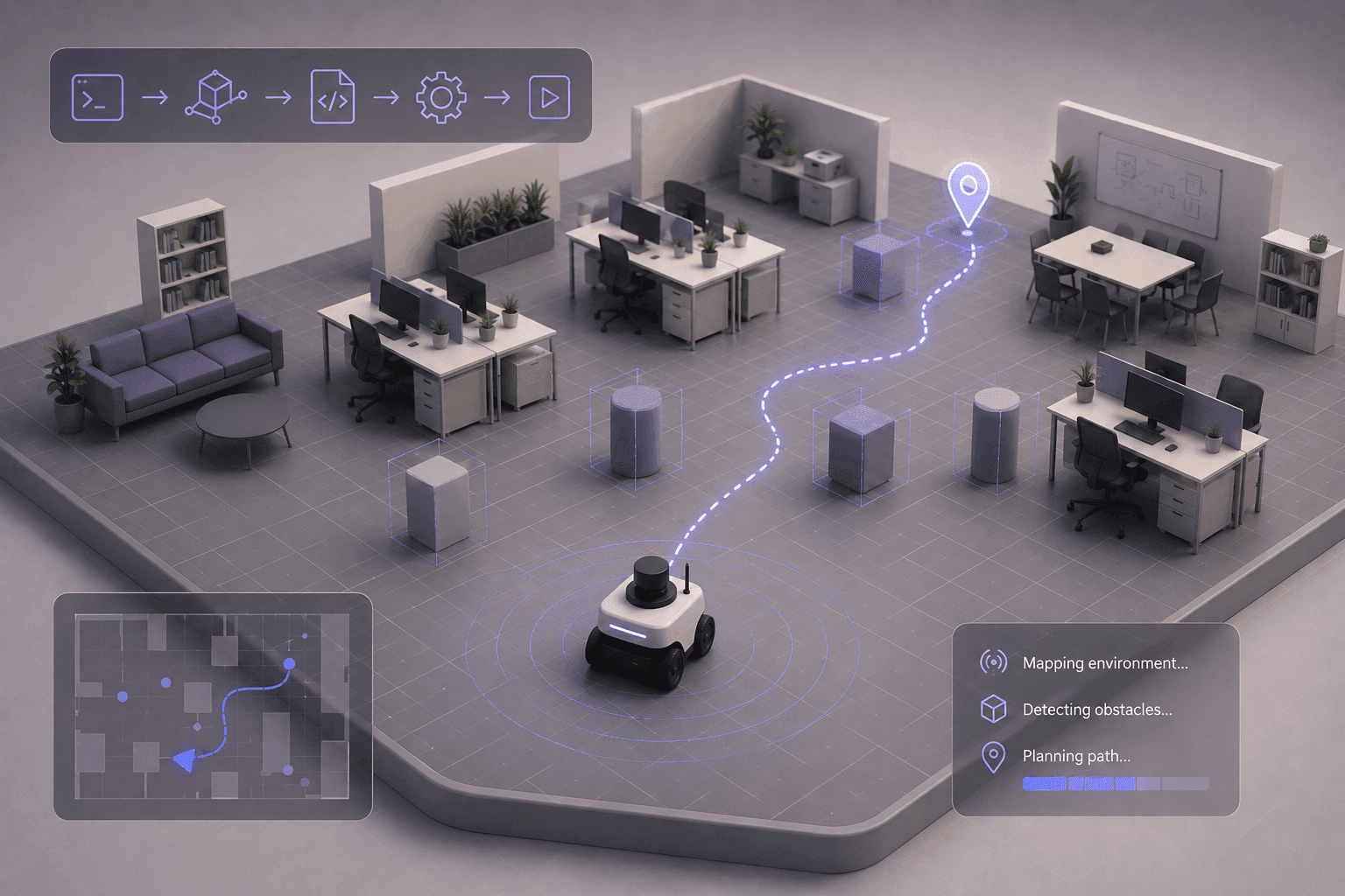 A realistic office environment with desks and chairs simulated in MuJoCo