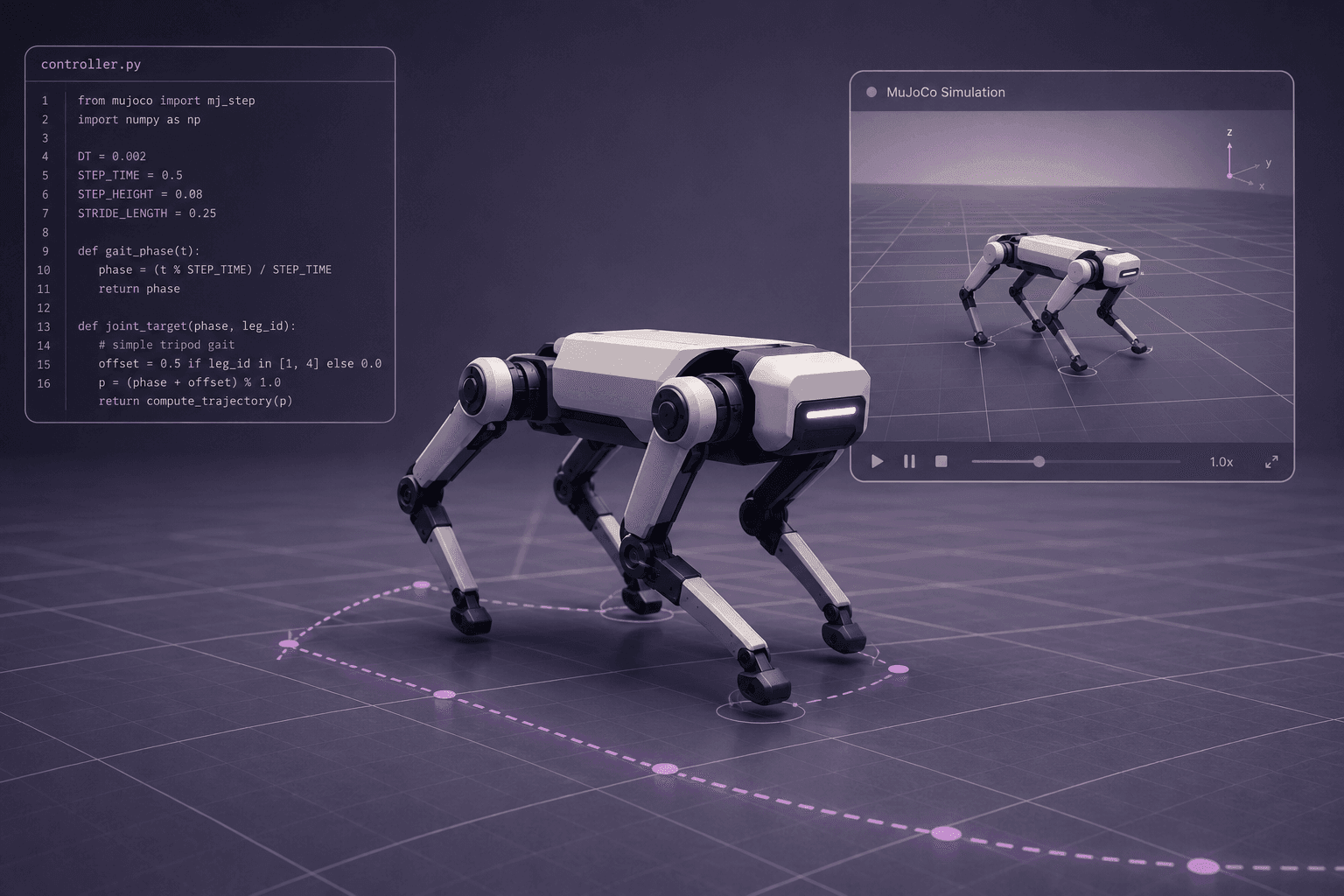 A quadruped robot walking in a MuJoCo simulation