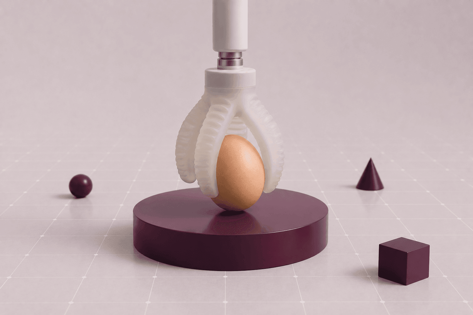 A soft silicone robotic gripper gently picking up a raw egg
