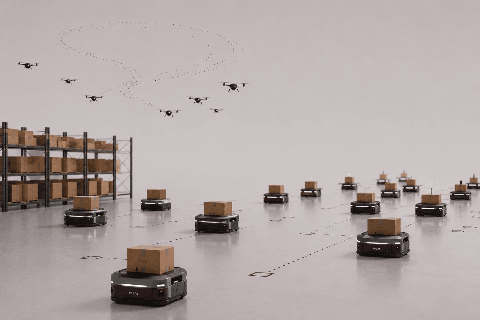 A drone swarm flying in coordinated formation