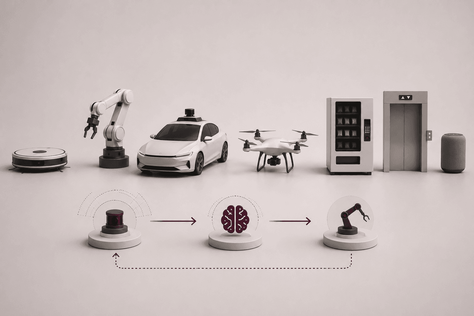 A robot vacuum, robotic arm, self-driving car, drone, vending machine, elevator, and smart speaker side by side